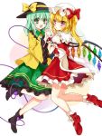  2girls :d arm_garter ascot black_boots blonde_hair blush bobby_socks boots bow crystal eyeball flandre_scarlet floral_print frilled_shirt_collar frilled_skirt frilled_sleeves frills green_eyes green_hair green_skirt hand_holding hat hat_bow heart highres ikamiso9898 interlocked_fingers kanon_(ikamiso) komeiji_koishi long_sleeves looking_at_viewer mary_janes mob_cap multiple_girls open_mouth pointy_ears puffy_short_sleeves puffy_sleeves red_bow red_eyes red_shirt red_shoes red_skirt sash shirt shoes short_hair short_sleeves side_ponytail skirt skirt_set smile socks third_eye touhou white_bow white_legwear wide_sleeves wings wrist_cuffs yellow_bow yellow_shirt 