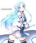  1girl artist_name asuna_(sao) asuna_(sao-alo) blue_eyes blue_hair copyright_name detached_sleeves highres long_hair petals pointy_ears ripe.c simple_background solo sword sword_art_online thigh-highs weapon 