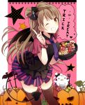  1girl ;d a_(riduass023) bat_wings bird blush bow breasts brown_hair candy cowboy_shot cross_hair_ornament english food hair_bow hair_ornament halloween halloween_costume happy heart heart_tail holding jack-o&#039;-lantern lollipop long_hair looking_at_viewer love_live! love_live!_school_idol_project minami_kotori minami_kotori_(bird) necktie one_eye_closed one_side_up open_mouth pointing pointing_up pumpkin purple_necktie side_ponytail smile solo star tail thigh-highs trick_or_treat wings yellow_eyes zettai_ryouiki 