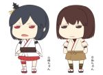  2girls :| bangs black_hair bodysuit brown_eyes brown_hair chibi d: d:&lt; detached_sleeves female flat_color geta hair_ornament hakama hands_on_hips hyuuga_(kantai_collection) japanese_clothes jitome kantai_collection long_sleeves multiple_girls neko_majin nontraditional_miko open_mouth red_eyes red_hakama short_hair short_sleeves simple_background skirt thigh_strap translation_request uniform white_background wide_sleeves yamashiro_(kantai_collection) 