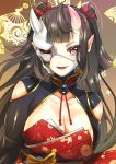  1girl bangs black_hair blunt_bangs blush breasts cleavage collarbone commentary_request fangs hair_ribbon horn horns japanese_clothes large_breasts long_hair looking_at_viewer mask oni oni_horns open_mouth original pointy_ears red_eyes ribbon smile solo two_side_up yan&#039;yo_(yan&#039;yan&#039;yo) 