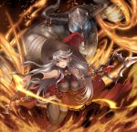  1girl bangs bare_shoulders black_legwear blue_eyes bracer breasts dress eyebrows eyebrows_visible_through_hair fire glowing glowing_eyes granblue_fantasy hair_between_eyes hat holding holding_staff horns index_finger_raised large_breasts leaning_forward leg_up living_armor long_hair looking_away looking_to_the_side magic magisa_(granblue_fantasy) minotaur open_mouth pink_eyes red_hat ryouku silver_hair sleeveless sleeveless_dress smile solo staff thigh-highs turtleneck very_long_hair witch witch_hat zettai_ryouiki 