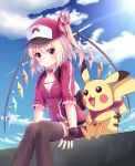  1girl :3 backpack bag bangs baseball_cap black_gloves black_legwear blonde_hair blue_sky blush breasts choker closed_mouth clouds condensation_trail cosplay crossover crystal cube eyebrows eyebrows_visible_through_hair female_protagonist_(pokemon_go) female_protagonist_(pokemon_go)_(cosplay) fingerless_gloves flandre_scarlet food gloves hair_ribbon hat holding holding_food lens_flare looking_at_viewer one_side_up pikachu poke_ball_print pokemon pokemon_go red_eyes ribbon shiero. short_hair sitting sky small_breasts smile touhou wings zipper 