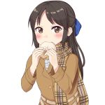  1girl black_hair blue_bow blush bow brown_eyes buttons coat eating eyebrows eyebrows_visible_through_hair food hair_bow holding holding_food idolmaster idolmaster_cinderella_girls long_hair long_sleeves looking_at_viewer memume plaid plaid_scarf scarf simple_background solo tachibana_arisu upper_body white_background winter_clothes winter_coat winter_uniform 