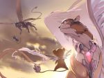  armor blurry butterfly_wings card_captor_sakura clouds creature depth_of_field dual_persona ear_piercing ege_(597100016) flying from_behind full_body fur gem kerberos kero looking_up no_humans piercing signature sky spinel_sun sunset tail time_paradox twilight white_wings wings yellow_sky 
