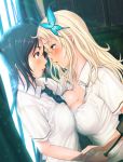  2girls black_hair blonde_hair blue_eyes blush boku_wa_tomodachi_ga_sukunai breast_press breasts butterfly_hair_ornament cleavage eye_contact hair_ornament highres kashiwazaki_sena long_hair looking_at_another mikazuki_yozora multiple_girls necktie oretoreon short_hair symmetrical_docking violet_eyes yuri 