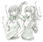  2girls alternate_hairstyle closed_eyes collarbone fan food hair_lift hauza0324 head_tilt holding holding_another&#039;s_hair holding_food kantai_collection kitakami_(kantai_collection) long_hair looking_at_another monochrome motion_lines mouth_hold multiple_girls ooi_(kantai_collection) open_mouth ponytail popsicle profile shirt sketch sleeveless sleeveless_shirt spot_color sweat tank_top 