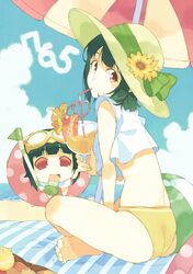  1girl ass back bare_legs barefoot beach beach_umbrella bikini black_hair blue_sky blush brown_eyes character_doll chibi clouds commentary_request crop_top cup diving_mask_on_head drink drinking drinking_glass drinking_straw flower food from_behind fruit glass hat hat_flower hat_ribbon heart_straw holding idolmaster indian_style innertube looking_at_viewer looking_back ocean open_mouth otonashi_kotori outdoors piyopiyo puchimasu! ribbon sand short_hair sitting sky smile solo stuffed_toy sun_hat sunflower swimsuit t-okada umbrella water yellow_bikini 