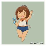  1girl barefoot bottle brown_eyes brown_hair capriccyo chibi i-401_(kantai_collection) kantai_collection one-piece_swimsuit one-piece_tan open_mouth ponytail ramune sailor_collar school_swimsuit short_ponytail solo swimsuit swimsuit_under_clothes tan tanline 