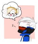  1girl :d ^_^ blonde_hair chibi closed_eyes face_mask gloves head_mounted_display high_ponytail jacket lowres mask mechanical_halo mechanical_wings mercy_(overwatch) open_mouth overwatch ponytail scar short_hair simple_background smile soldier:_76_(overwatch) visor white_hair wings yeowol 