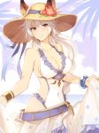  1girl bangs bare_shoulders bracelet bracer braid breasts brown_eyes cleavage clouds collarbone covered_navel erun_(granblue_fantasy) flower granblue_fantasy grin hair_between_eyes hair_tubes hat hat_flower heles hibiscus jewelry large_breasts long_hair looking_at_viewer manakannn medium_breasts one-piece_swimsuit palm_tree parted_lips silver_hair single_braid smile solo sun_hat swimsuit tree very_long_hair white_swimsuit 