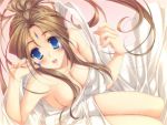 aa_megami-sama bare_arms bare_shoulders belldandy blue_eyes brown_hair cleavage facial_markings fanart flowing_hair looking_at_viewer meidum_breasts scanty sexy smiling thighs white_gown