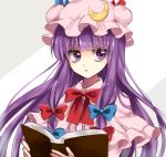  1girl bangs blue_bow blunt_bangs book bow bowtie capelet closed_mouth crescent hair_bow hair_ribbon hat holding holding_book kanon_(ikamiso) long_hair looking_away mob_cap open_book patchouli_knowledge purple_hair red_bow red_bowtie ribbon sidelocks solo touhou tress_ribbon upper_body violet_eyes 