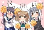  &gt;_&lt; 3girls akebono_(kantai_collection) arms_up blush brown_hair buttons closed_eyes commentary_request double_bun dress furrowed_eyebrows grey_hair heart heart-shaped_pupils kantai_collection kasumi_(kantai_collection) matsushita_yuu michishio_(kantai_collection) multiple_girls open_mouth pinafore_dress pom_poms purple_hair remodel_(kantai_collection) school_uniform serafuku side_ponytail skirt suspender_skirt suspenders symbol-shaped_pupils translation_request wavy_mouth 