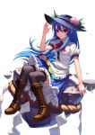 1girl bangs black_legwear blue_hair blue_skirt boots breasts brown_boots cross-laced_footwear fkey food frilled_skirt frills fruit hair_between_eyes hand_up hat highres hinanawi_tenshi keystone knee_boots lace-up_boots light long_hair looking_at_viewer peach puffy_short_sleeves puffy_sleeves red_eyes rope shimenawa shirt short_sleeves simple_background sitting skirt small_breasts smile solo thigh-highs thighs touhou white_background white_shirt wind zettai_ryouiki