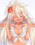  1girl :d ^_^ bikini blue_background blush breasts closed_eyes collarbone dark_skin eyebrows eyebrows_visible_through_hair flower gradient gradient_background granblue_fantasy hair_flower hair_ornament large_breasts long_hair meuneyu open_mouth signature smile solo swimsuit the_order_grande white_background white_bikini white_hair 