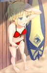  1girl aqua_eyes bikini blonde_hair breasts cleavage fate/apocrypha fate/grand_order fate_(series) mordred_(swimsuit_rider)_(fate) navel open_mouth red_bikini saber_of_red sand solo surfboard swimsuit takumi1006 