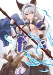  1girl absurdres animal_ears armor belt boots braid brown_eyes cape contrapposto erun_(granblue_fantasy) gloves granblue_fantasy heles highres kou_v05first long_hair looking_at_viewer magic polearm serious silver_hair simple_background single_braid solo spaulders thigh-highs thigh_boots vambraces weapon white_background 