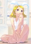  1girl barefoot blonde_hair blue_eyes bow collarbone feet hair_bow hair_ornament hair_ribbon hairclip highres kagamine_rin panties refrigerator ribbon short_hair sitting smile soles solo soon tank_top tattoo toes underwear vocaloid 