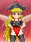  1girl alternate_costume bangs black_legwear black_shirt blonde_hair closed_mouth clothes_writing clownpiece collarbone covered_navel fairy_wings hat jester_cap leotard long_hair looking_at_viewer pink_eyes shiny shiny_clothes shirt smile solo standing t-shirt thigh-highs touhou very_long_hair wings winn 