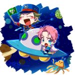  2boys alien alternate_costume blue_eyes blush chibi closed_eyes comet double-breasted flag green_hair idolmaster idolmaster_side-m kabuto_daigo kikkou male_focus mitarai_shouta multiple_boys outer_space pink_hair planet riding smile space star star_(sky) tentacle ufo 