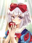  1boy apple blush bow bowtie collarbone cosplay dress food frilled_dress frills fruit hair_bow holding holding_fruit honebami_toushirou ikamiso9898 kanon_(ikamiso) looking_at_viewer male_focus parted_lips puffy_short_sleeves puffy_sleeves red_apple red_bow red_bowtie short_hair short_sleeves silver_hair snow_white snow_white_(cosplay) snow_white_and_the_seven_dwarfs solo sunlight touken_ranbu trap upper_body violet_eyes 