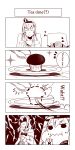  2girls 4koma absurdres bismarck_(kantai_collection) bow bowtie brown chair close-up closed_mouth comic crown cup dotted_line eating english female food food_on_face fork hat height_difference highres holding holding_cup jitome kantai_collection mini_crown monochrome muffin multiple_girls peaked_cap plate sitting sparkle sweatdrop teacup text tongs tsukuba_0623 upper_body warspite_(kantai_collection) white_background 