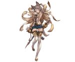  1girl animal_ears armpits arms_up bare_shoulders brown_eyes brown_hair dress full_body fur_trim granblue_fantasy hair_ornament looking_at_viewer minaba_hideo quiver short_dress short_hair simple_background solo standing thigh-highs white_background zettai_ryouiki 
