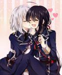  2boys :d ^_^ ahoge belt black_hair black_necktie blush cheek_kiss closed_eyes heart honebami_toushirou ikamiso9898 kanon_(ikamiso) kiss long_hair long_sleeves low_ponytail male_focus military military_uniform multiple_boys namazuo_toushirou necktie open_mouth short_hair silver_hair smile touken_ranbu uniform very_long_hair yaoi 