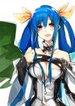  1girl :d blue_hair bow breasts cleavage detached_collar dizzy guilty_gear hair_bow hair_rings hyakuhachi_(over3) long_hair looking_at_viewer open_mouth red_eyes smile solo twitter_username upper_body white_background wings yellow_bow 