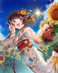  1girl :d amatou_cacao animal_ears antenna_hair backlighting blue_sky blush bracelet cat_ears cat_tail day fang field floral_print flower flower_field geta hair_flower hair_ornament highres holding_bag japanese_clothes jewelry kimono light_rays long_sleeves looking_back multicolored_eyes no_socks one_leg_raised open_mouth original outdoors pearl_bracelet sash see-through short_hair sky smile solo sun sunflower sunlight tail tassel tooth v violet_eyes wide_sleeves yellow_eyes yukata 