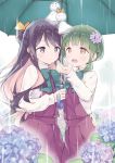  2girls :d black_hair braid eyebrows eyebrows_visible_through_hair flower gayarou green_eyes green_hair hair_flower hair_ornament hair_ribbon hand_on_another&#039;s_hip hydrangea jpeg_artifacts kantai_collection multicolored_hair multiple_girls naganami_(kantai_collection) open_mouth outdoors pink_hair rain ribbon shared_umbrella short_hair side-by-side smile takanami_(kantai_collection) teruterubouzu thick_eyebrows umbrella 