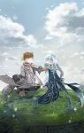  1boy 2boys blue_hair brown_hair closed_eyes clouds earrings gloves highres jewelry jusc0 long_hair looking_at_another male_focus mikleo_(tales) multiple_boys ponytail sky smile sorey_(tales) spoilers tales_of_(series) tales_of_zestiria 