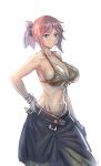  1girl bare_shoulders belt blue_eyes bow_(bhp) breasts cleavage gloves hand_on_hip large_breasts looking_at_viewer navel original pink_hair ponytail smile solo standing 