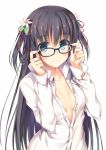  1girl adjusting_glasses bangs black_hair blue_eyes blush breasts cleavage commentary_request dress_shirt eyebrows eyebrows_visible_through_hair flower glasses hair_flower hair_ornament hair_ribbon hair_rings long_hair long_sleeves looking_at_viewer no_bra nozomi_tsubame open_clothes open_shirt original ribbon shirt simple_background smile solo two_side_up white_background white_shirt 