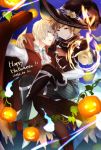  2016 2boys albert_(shingeki_no_bahamut) alternate_costume arm_around_neck blonde_hair boots brown_eyes brown_hair cravat dated fang gloves gran_(granblue_fantasy) granblue_fantasy halloween_costume hat highres knee_boots male_focus multiple_boys nuu_(liebe_sk) parted_lips plant pumpkin red_eyes shingeki_no_bahamut vampire vines warlock_(granblue_fantasy) witch_hat 
