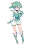  1girl :o blade_(galaxist) blue_eyes boots bridal_gauntlets full_body green_hair horns mole mole_under_eye official_art pointy_ears pop-up_story short_hair simple_background skirt solo white_background 