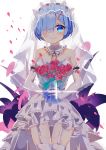  1girl alternate_costume bare_shoulders blue_eyes blue_hair blush bouquet breasts bridal_veil bride dress elbow_gloves flower frills garter_straps gloves hair_ornament hair_over_one_eye highres jewelry large_breasts looking_at_viewer petals re:zero_kara_hajimeru_isekai_seikatsu rem_(re:zero) ring short_hair sleeveless sleeveless_dress smile solo strapless strapless_dress thigh-highs timins veil wedding_dress white_dress white_gloves white_legwear x_hair_ornament 