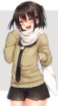  &gt;:d 1girl :d black_hair black_necktie black_skirt brown_eyes cardigan hair_ornament hairclip kantai_collection keita_(tundereyuina) necktie open_mouth pleated_skirt scarf sendai_(kantai_collection) skirt sleeves_past_wrists smile solo standing twintails two_side_up white_scarf 