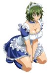  00s 1girl between_legs blue_boots boots breasts cleavage collarbone green_hair hair_between_eyes hand_between_legs ikkitousen knee_boots kneeling kyocho_chuukou large_breasts maid maid_headdress short_hair simple_background smile solo white_background 