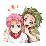  /\/\/\ 2boys :d blue_eyes blush green_eyes green_hair hair_ornament hair_slicked_back hairclip hood hoodie idolmaster idolmaster_side-m jacket kabuto_daigo kikkou mitarai_shouta multiple_boys open_clothes open_jacket open_mouth pink_hair shirt simple_background smile sweatdrop t-shirt upper_body white_background 