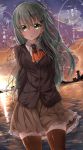  1girl arms_behind_back breasts brown_legwear brown_skirt chestnut_mouth commentary_request eyebrows eyebrows_visible_through_hair green_eyes green_hair hair_between_eyes hair_ornament hairclip highres kantai_collection long_hair long_sleeves looking_at_viewer medium_breasts orange_ascot pentagon_(railgun_ky1206) school_uniform skirt solo speech_bubble standing sunset suzuya_(kantai_collection) translation_request water 