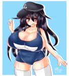  1girl akatsuki_(kantai_collection) alternate_breast_size ayazumi_flutter black_eyes black_hair blue_swimsuit blush breasts cap cleavage collarbone female huge_breasts kantai_collection long_hair looking_at_viewer one-piece_swimsuit plump school_swimsuit sideboob simple_background solo standing swimsuit thigh-highs v white_legwear 