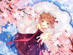  1girl :d antenna_hair bell belt blue_sky blurry blush branch brown_hair card_captor_sakura cherry_blossoms depth_of_field double_bun dress floating_hair flower frilled_sleeves frills from_above green_eyes hair_ornament highres kinomoto_sakura open_mouth outstretched_hand petals pink_ribbon reflection ribbon short_hair sky smile solo teeth trait_connection water wide_sleeves xiningjiang 