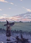  1girl 2016 absurdres bird black_hat black_ribbon black_robe black_shoes blonde_hair broom broom_ribbon clouds cloudy_sky commentary_request dated evening field hat highres long_hair original raven_(animal) ribbon road shoes signature sky witch witch_hat zennosuke 