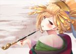  1girl absurdres artist_request bare_shoulders big_hair blonde_hair blush comb djeeta_(granblue_fantasy) eyebrows eyebrows_visible_through_hair eyeshadow fingernails from_behind geisha gizoku_(granblue_fantasy) granblue_fantasy hair_ornament hair_stick head_wings highres holding japanese_clothes kimono kiseru leaf lipstick looking_back makeup maple_leaf off_shoulder open_mouth orange_eyes pipe red_lipstick short_hair smoke solo upper_body 