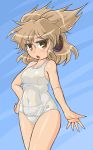  1girl blush breasts brown_eyes brown_hair earmuffs hand_on_hip medium_breasts school_swimsuit swimsuit touhou toyosatomimi_no_miko white_school_swimsuit white_swimsuit winn 