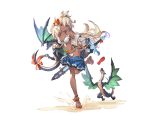  1girl ahoge bangs blue_skirt bow breasts cleavage collarbone dark_skin dragon front-tie_top full_body granblue_fantasy groin hair_between_eyes long_hair medium_breasts minaba_hideo miniskirt navel official_art orange_eyes pleated_skirt sandals simple_background single_sandal single_shoe skirt skirt_pull smile solo sword tail tail_bow the_order_grande transparent_background undressing weapon white_hair 
