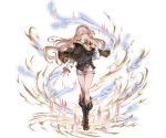 1girl blonde_hair boots capelet full_body granblue_fantasy hand_on_own_chest jewelry knee_boots long_hair looking_at_viewer minaba_hideo shorts simple_background solo standing white_background yellow_eyes 