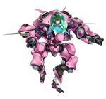  1girl bangs bodysuit breasts brown_eyes brown_hair commentary_request controller d.va_(overwatch) facepaint facial_mark full_body gen_(genetrix) gloves headphones joystick large_breasts long_hair looking_at_viewer mecha meka_(overwatch) open_mouth overwatch pilot_suit piloting simple_background solo swept_bangs whisker_markings white_background white_gloves 